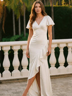 Ivory Satin A-Line V-Neck Back Zip Asymmetrical Ruffle Bridesmaid Dress - Curvevia