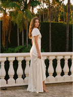 Ivory Satin A-Line V-Neck Back Zip Asymmetrical Ruffle Bridesmaid Dress - Curvevia