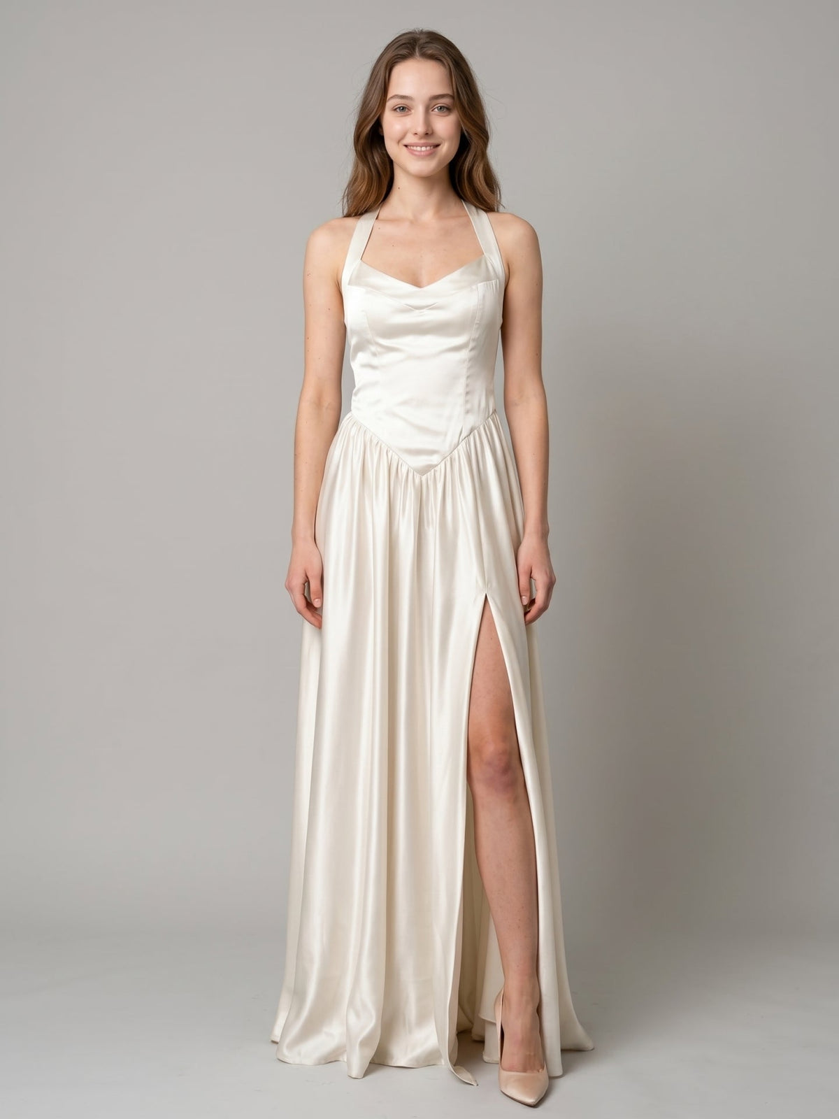 Ivory Satin A-Line V-Neck Criss-Cross Floor-Length Bridesmaid Dress - Curvevia