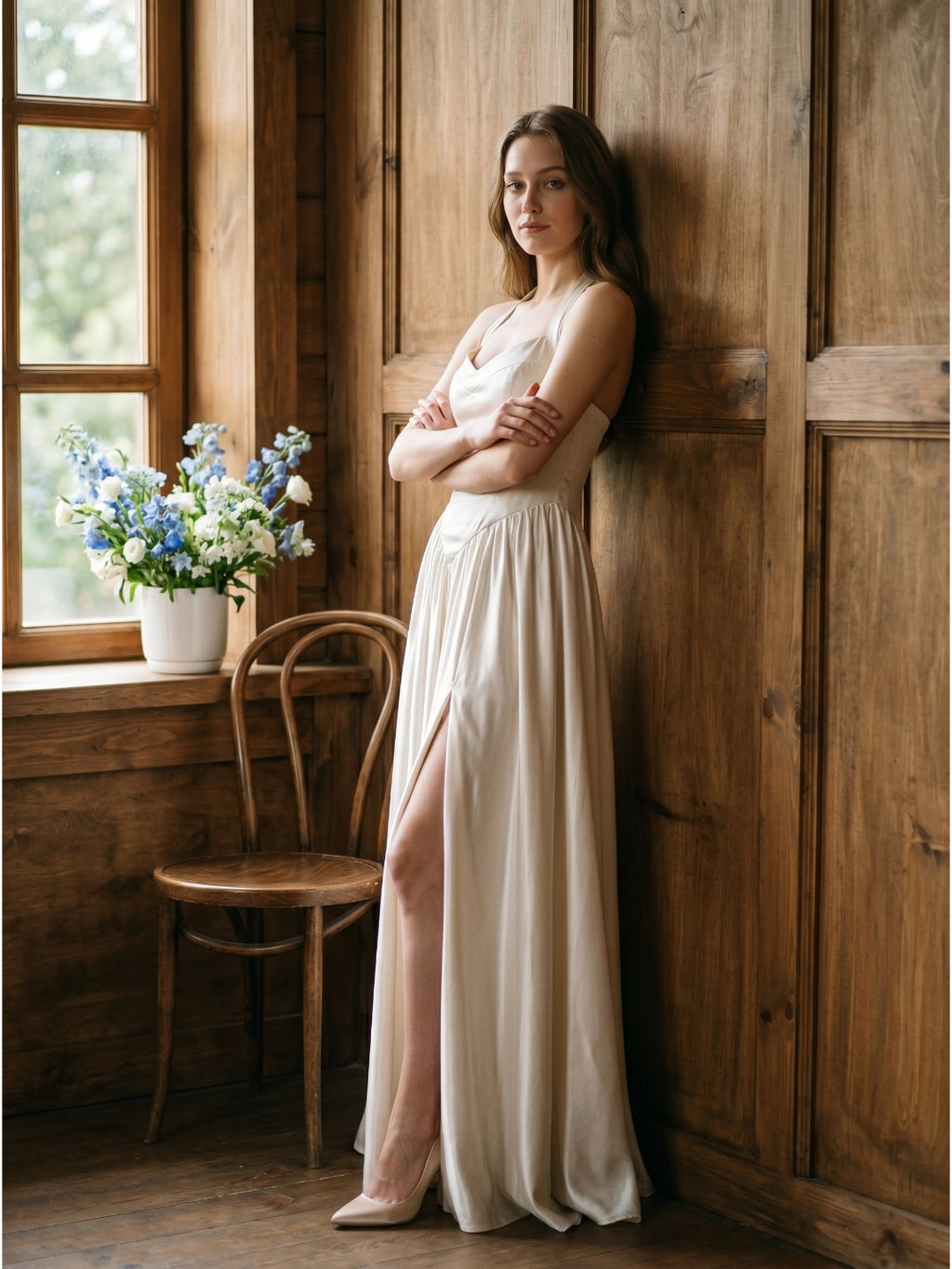 Ivory Satin A-Line V-Neck Criss-Cross Floor-Length Bridesmaid Dress - Curvevia