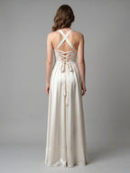 Ivory Satin A-Line V-Neck Criss-Cross Floor-Length Bridesmaid Dress - Curvevia