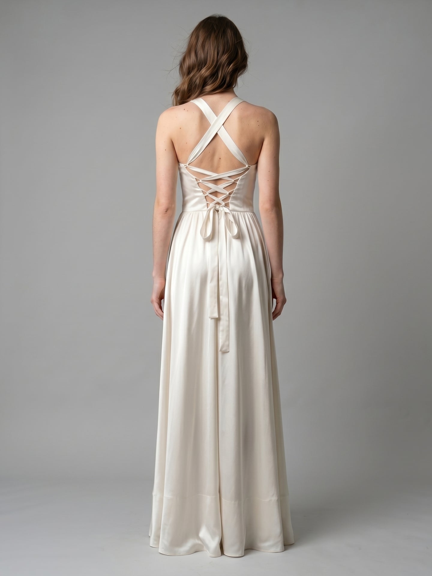 Ivory Satin A-Line V-Neck Criss-Cross Floor-Length Bridesmaid Dress - Curvevia