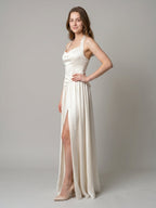 Ivory Satin A-Line V-Neck Criss-Cross Floor-Length Bridesmaid Dress - Curvevia