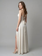 Ivory Satin A-Line V-Neck Criss-Cross Floor-Length Bridesmaid Dress - Curvevia
