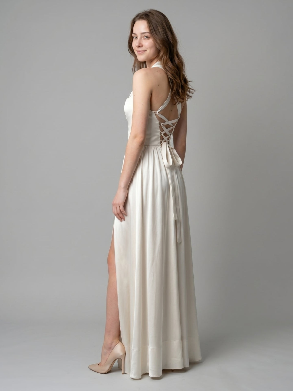 Ivory Satin A-Line V-Neck Criss-Cross Floor-Length Bridesmaid Dress - Curvevia