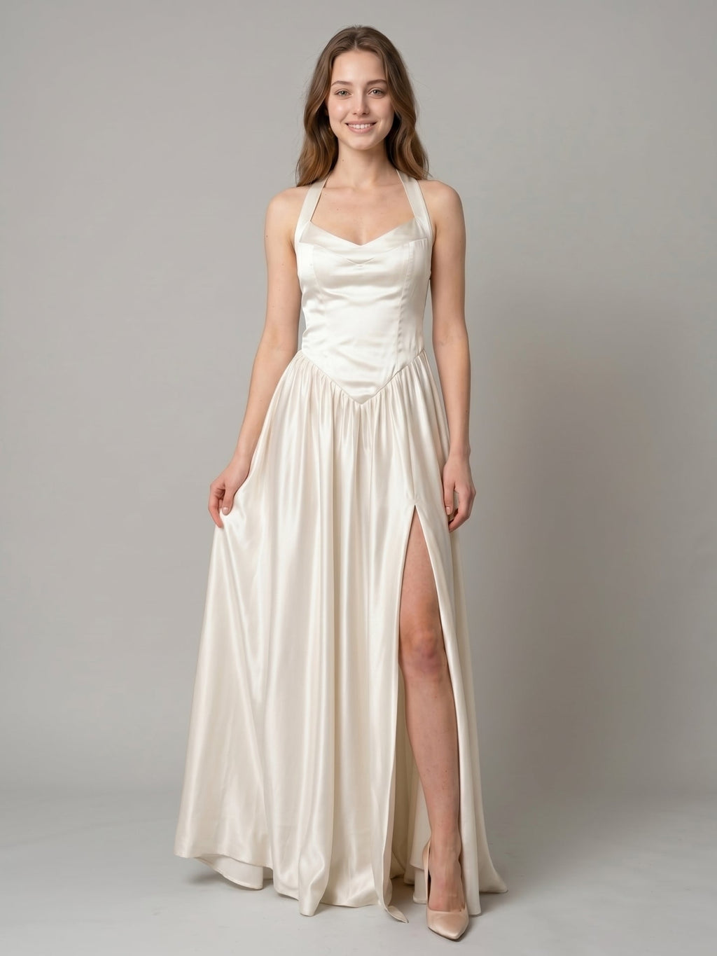 Ivory Satin A-Line V-Neck Criss-Cross Floor-Length Bridesmaid Dress - Curvevia