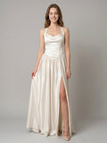Ivory Satin A-Line V-Neck Criss-Cross Floor-Length Bridesmaid Dress - Curvevia