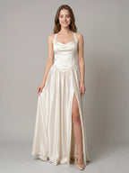 Ivory Satin A-Line V-Neck Criss-Cross Floor-Length Bridesmaid Dress - Curvevia