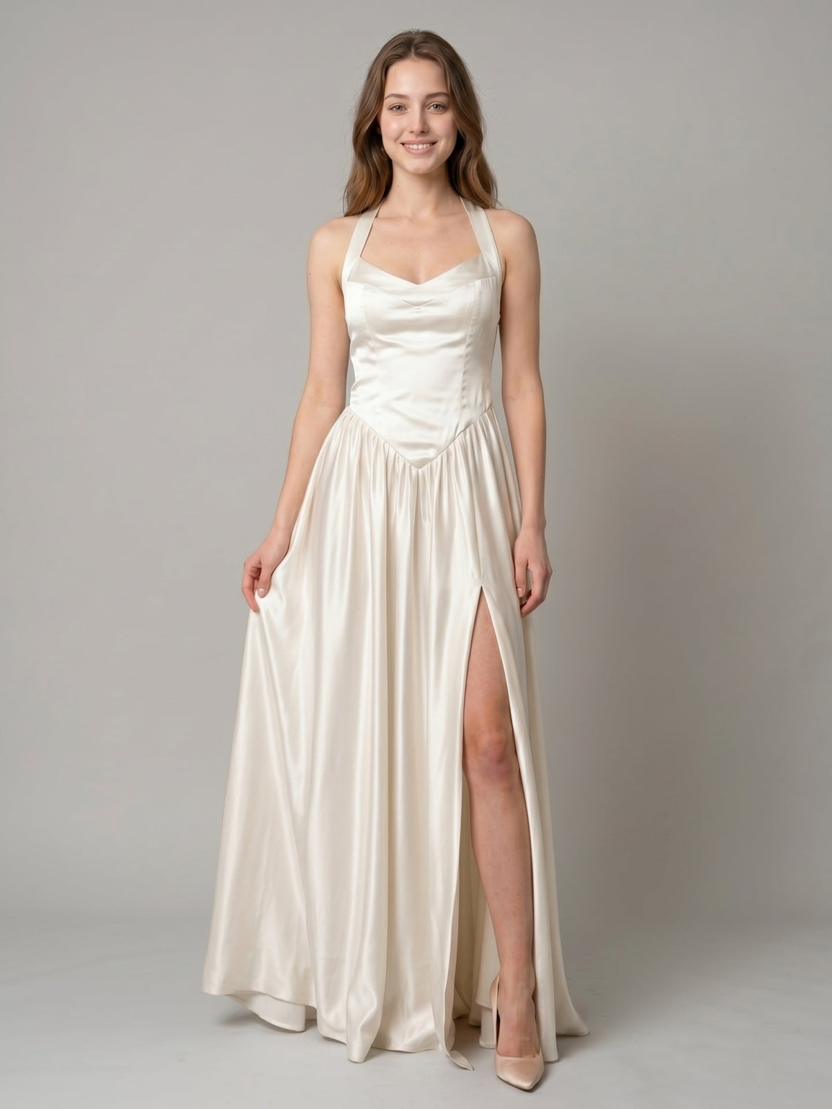 Ivory Satin A-Line V-Neck Criss-Cross Floor-Length Bridesmaid Dress - Curvevia