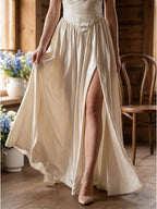 Ivory Satin A-Line V-Neck Criss-Cross Floor-Length Bridesmaid Dress - Curvevia