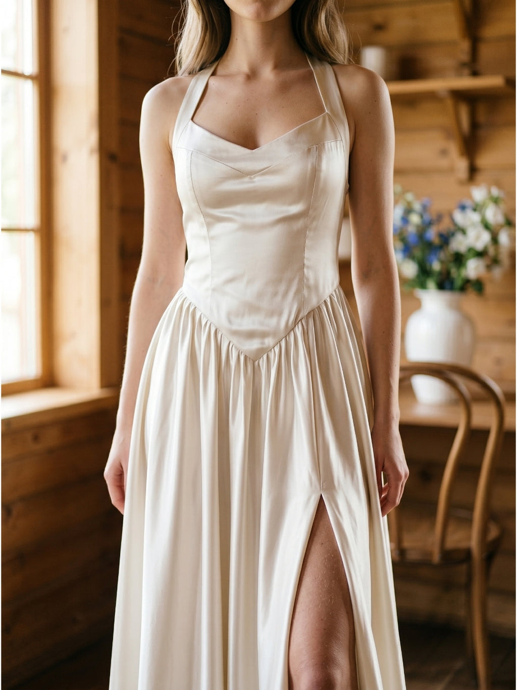 Ivory Satin A-Line V-Neck Criss-Cross Floor-Length Bridesmaid Dress - Curvevia