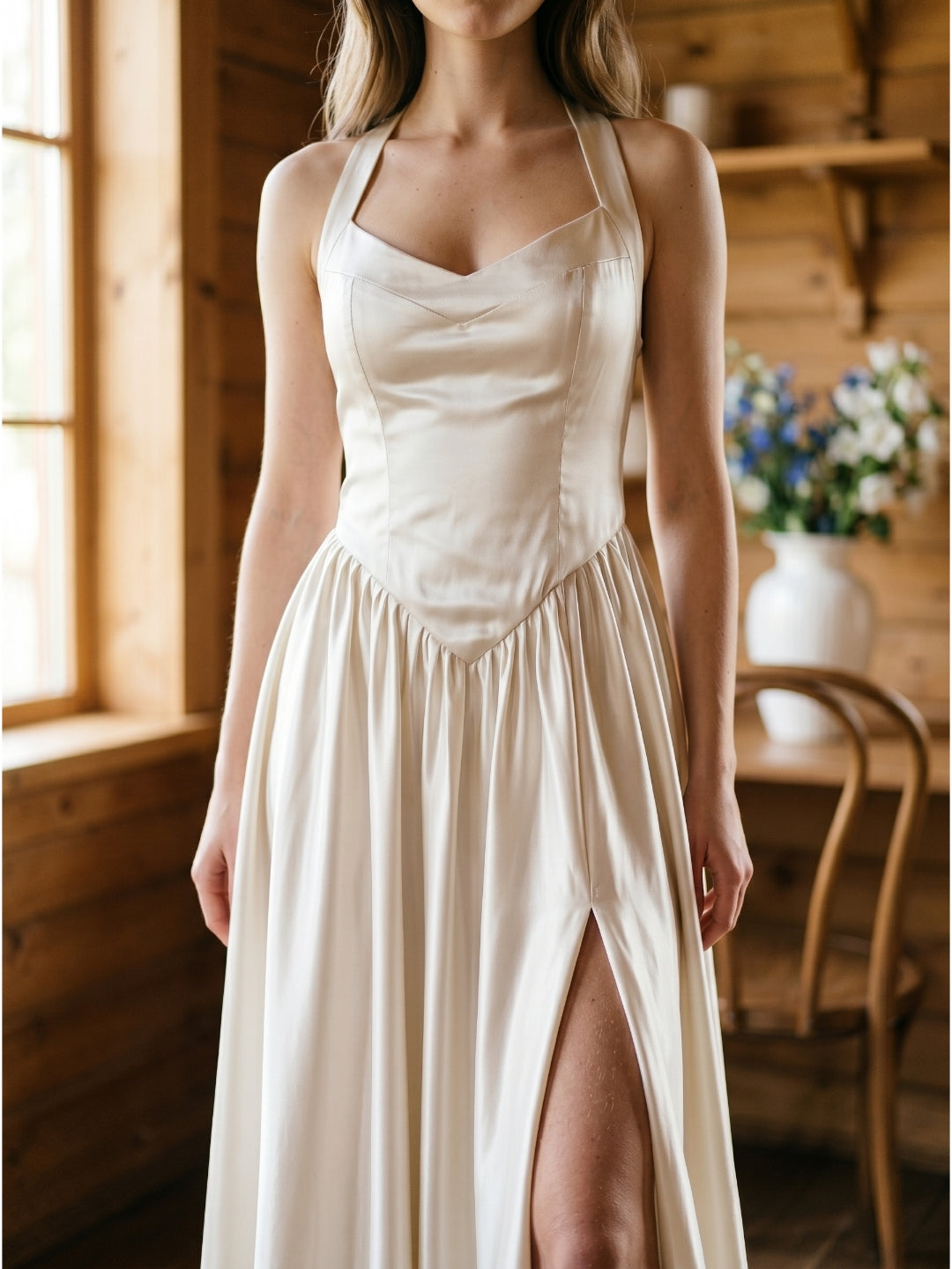 Ivory Satin A-Line V-Neck Criss-Cross Floor-Length Bridesmaid Dress - Curvevia