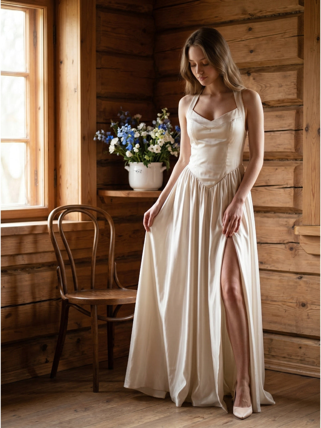 Ivory Satin A-Line V-Neck Criss-Cross Floor-Length Bridesmaid Dress - Curvevia