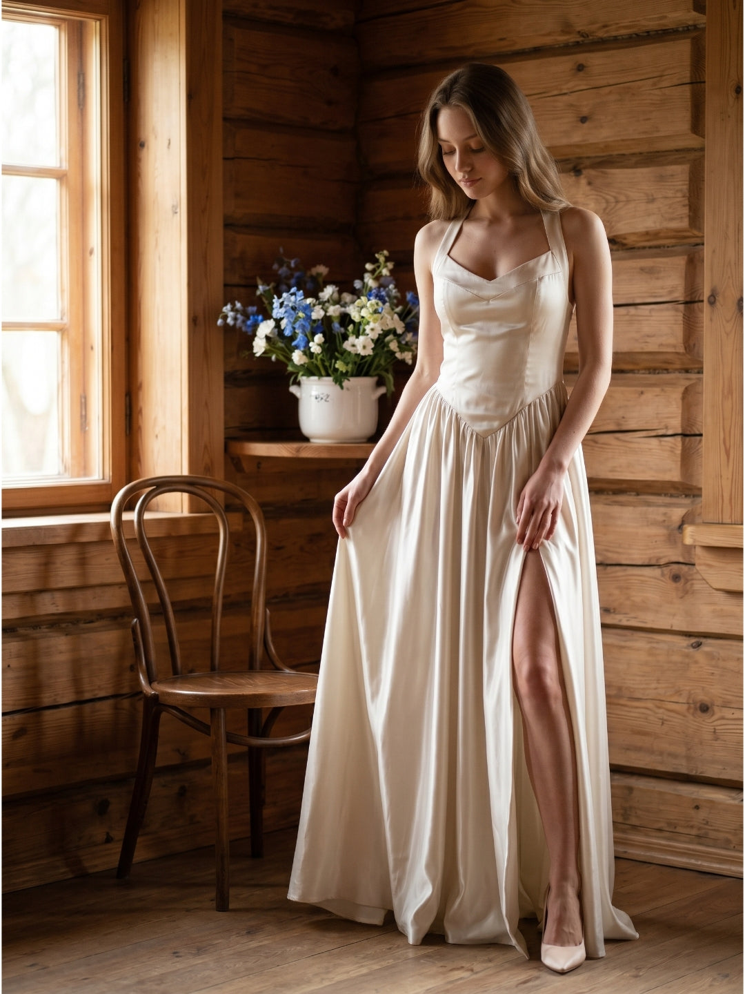 Ivory Satin A-Line V-Neck Criss-Cross Floor-Length Bridesmaid Dress - Curvevia