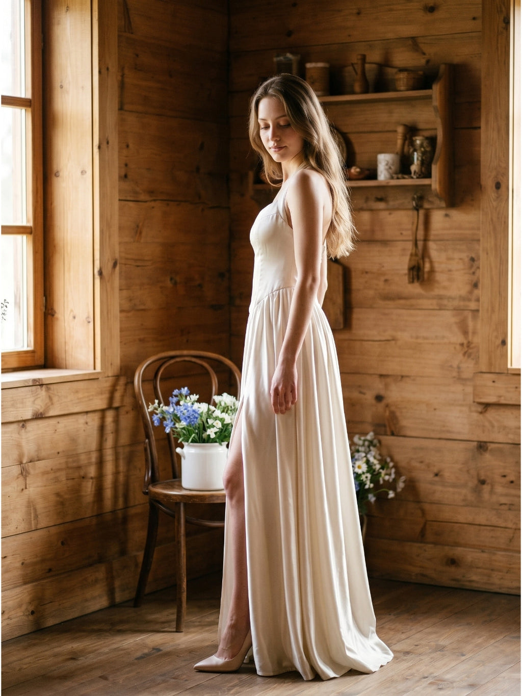 Ivory Satin A-Line V-Neck Criss-Cross Floor-Length Bridesmaid Dress - Curvevia
