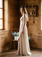 Ivory Satin A-Line V-Neck Criss-Cross Floor-Length Bridesmaid Dress - Curvevia