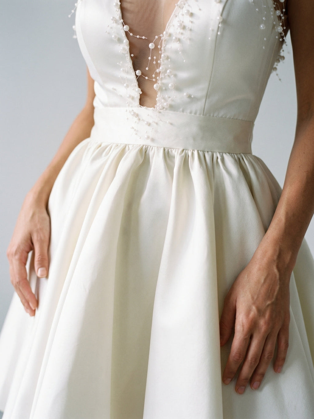 Ivory Satin A-Line V-Neck Short Homecoming Dress with Pleating - Curvevia