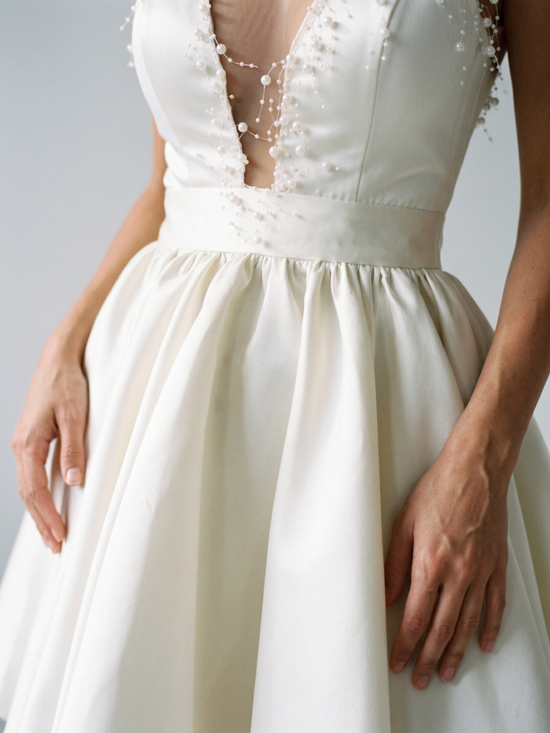 Ivory Satin A-Line V-Neck Short Homecoming Dress with Pleating - Curvevia