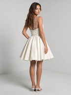 Ivory Satin A-Line V-Neck Short Homecoming Dress with Pleating - Curvevia