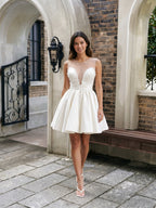 Ivory Satin A-Line V-Neck Short Homecoming Dress with Pleating - Curvevia