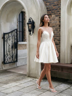 Ivory Satin A-Line V-Neck Short Homecoming Dress with Pleating - Curvevia