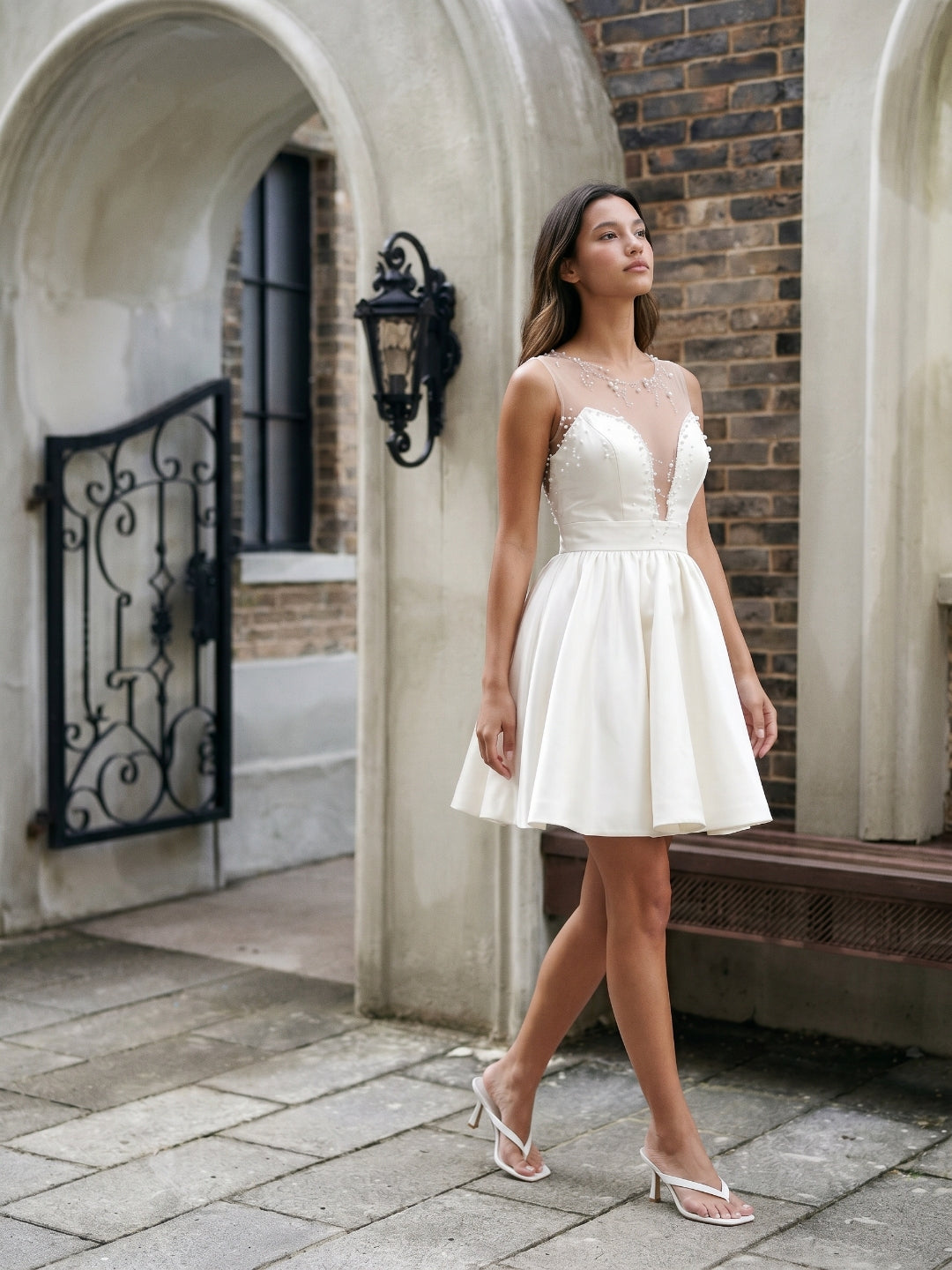 Ivory Satin A-Line V-Neck Short Homecoming Dress with Pleating - Curvevia