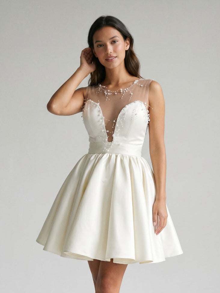 Ivory Satin A-Line V-Neck Short Homecoming Dress with Pleating - Curvevia