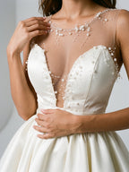 Ivory Satin A-Line V-Neck Short Homecoming Dress with Pleating - Curvevia