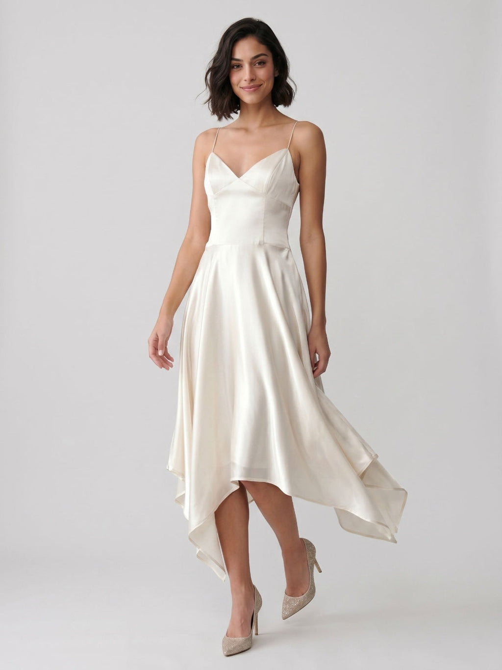 Ivory Satin A-Line V-Neck Side Zip Asymmetrical Dress - Curvevia