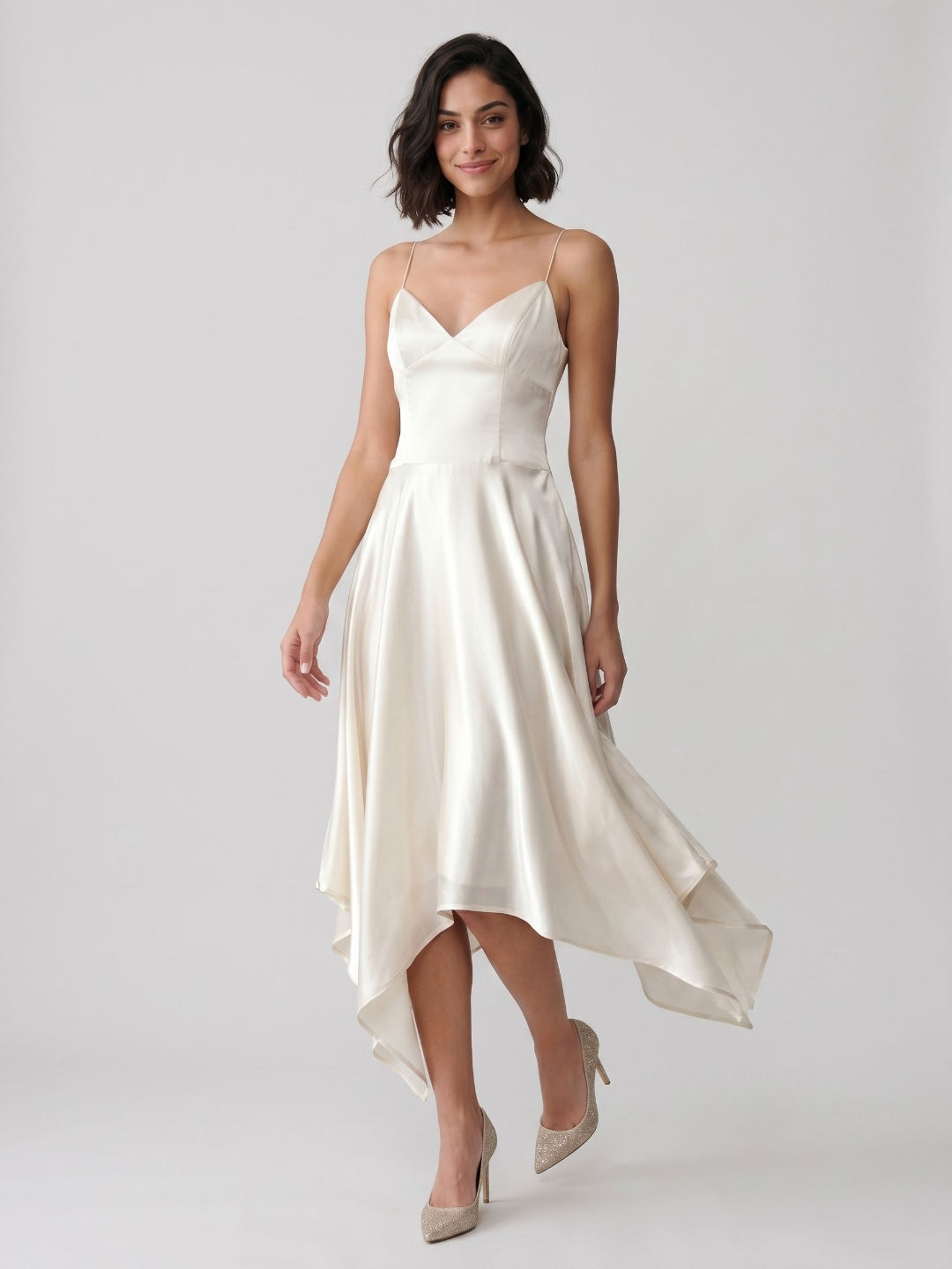 Ivory Satin A-Line V-Neck Side Zip Asymmetrical Dress - Curvevia