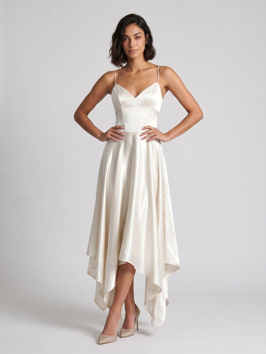 Ivory Satin A-Line V-Neck Side Zip Asymmetrical Dress - Curvevia