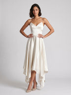 Ivory Satin A-Line V-Neck Side Zip Asymmetrical Dress - Curvevia