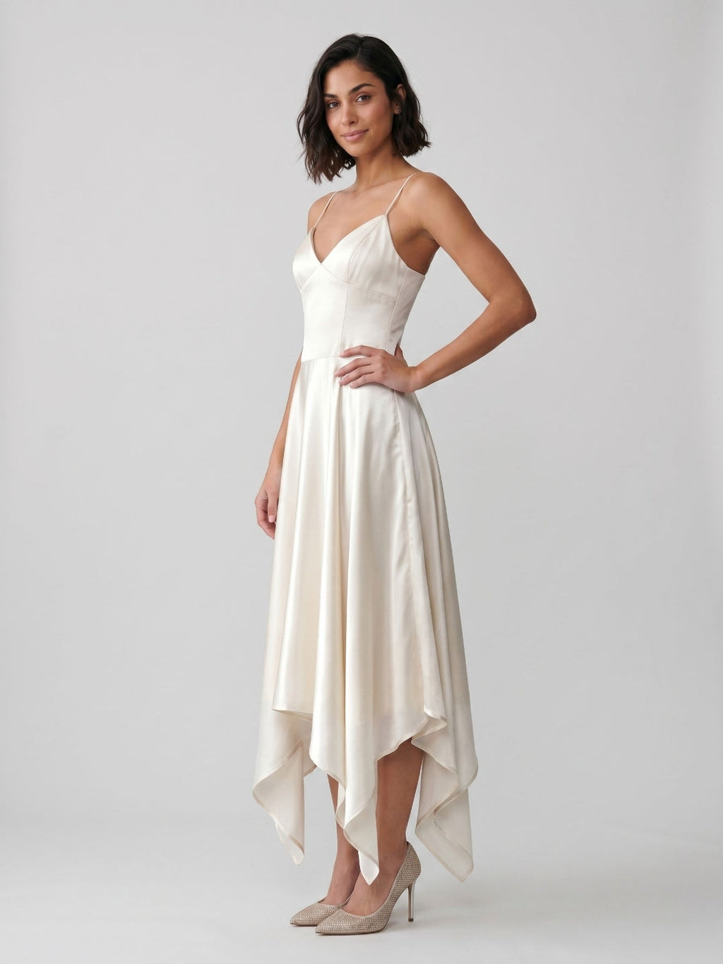 Ivory Satin A-Line V-Neck Side Zip Asymmetrical Dress - Curvevia