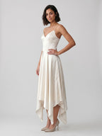 Ivory Satin A-Line V-Neck Side Zip Asymmetrical Dress - Curvevia