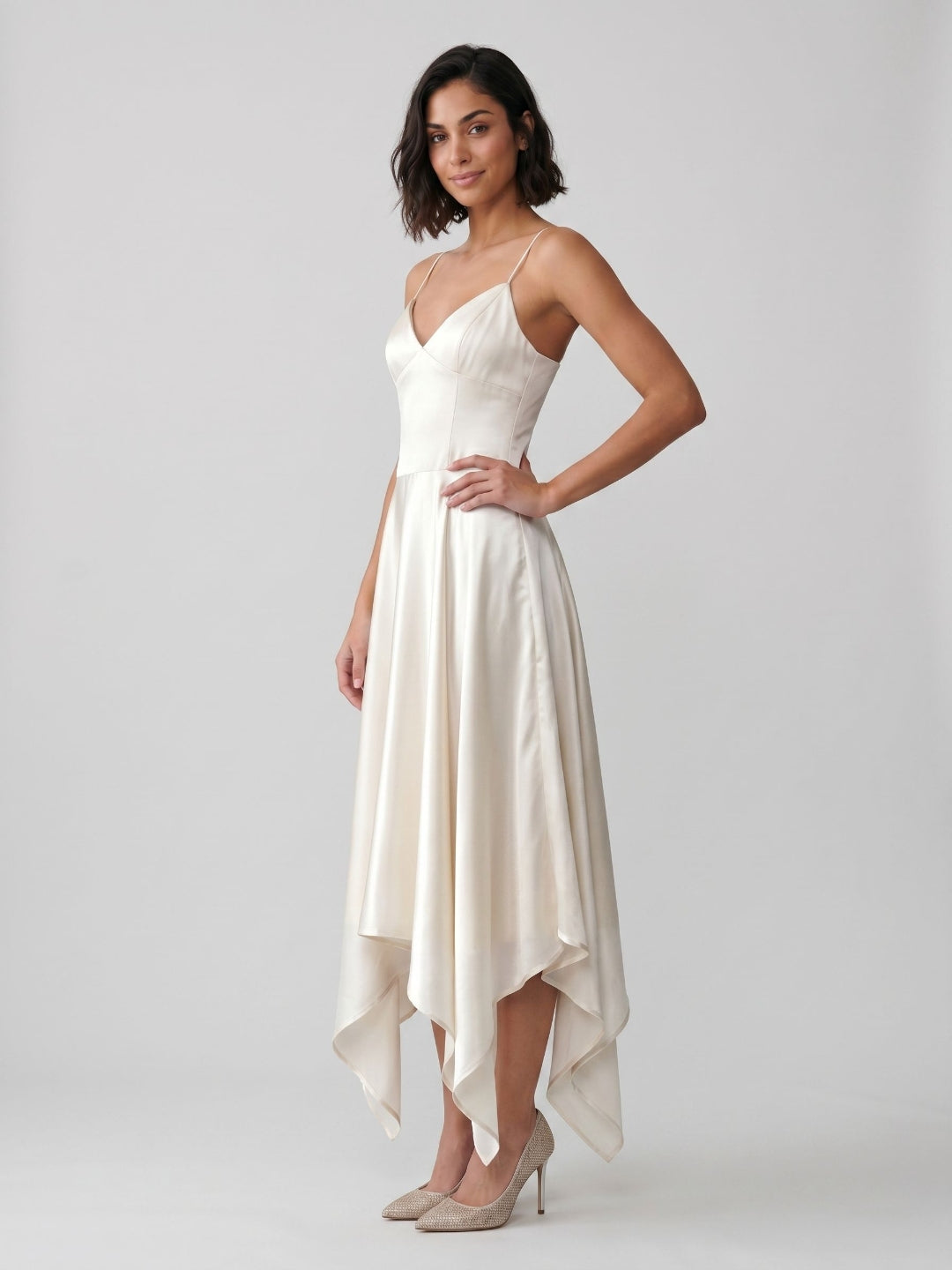 Ivory Satin A-Line V-Neck Side Zip Asymmetrical Dress - Curvevia