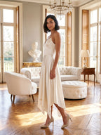 Ivory Satin A-Line V-Neck Side Zip Asymmetrical Dress - Curvevia