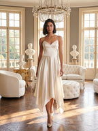Ivory Satin A-Line V-Neck Side Zip Asymmetrical Dress - Curvevia