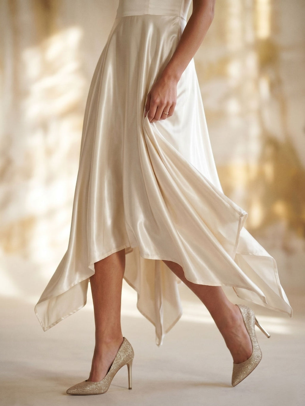 Ivory Satin A-Line V-Neck Side Zip Asymmetrical Dress - Curvevia