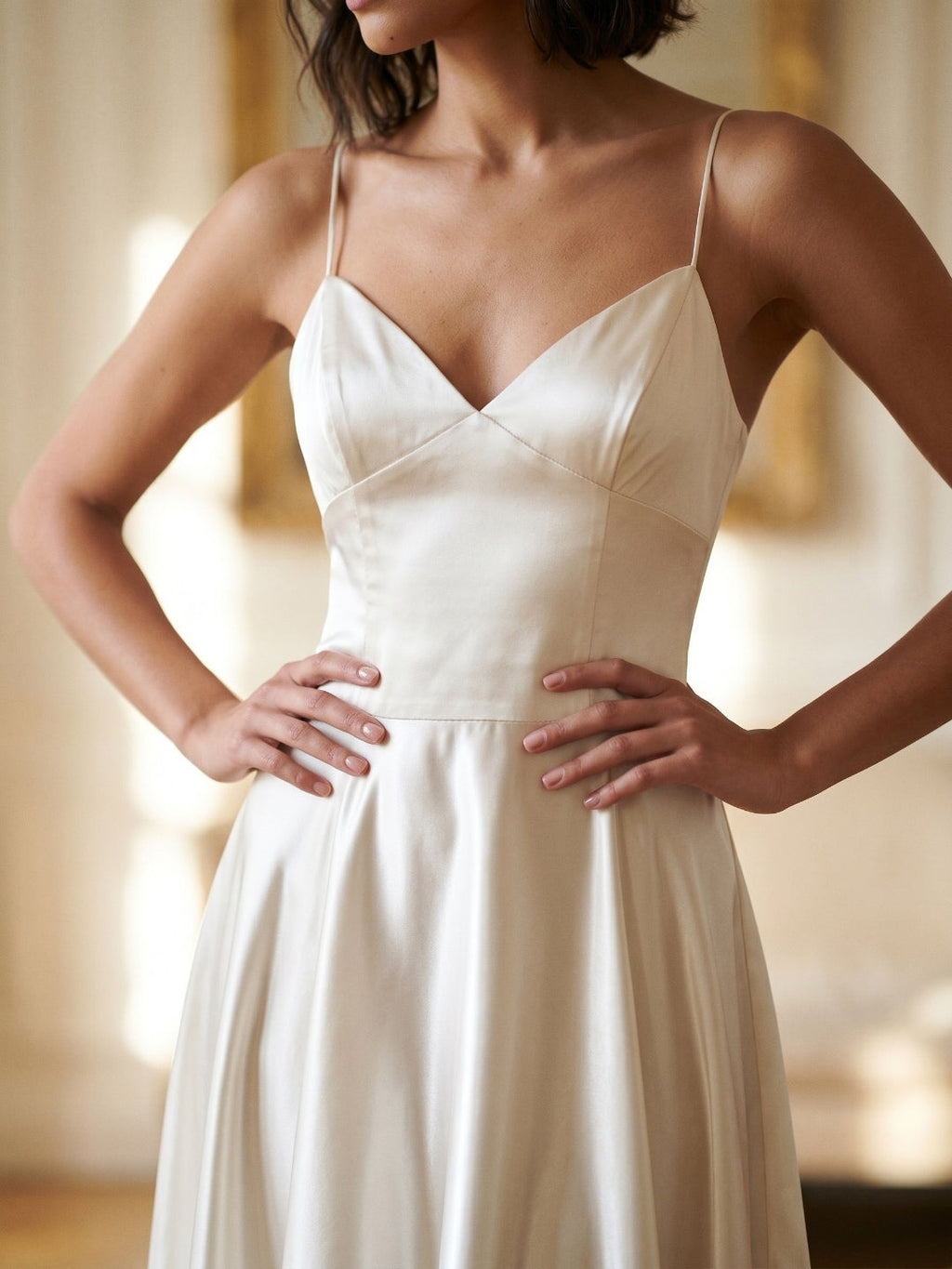 Ivory Satin A-Line V-Neck Side Zip Asymmetrical Dress - Curvevia