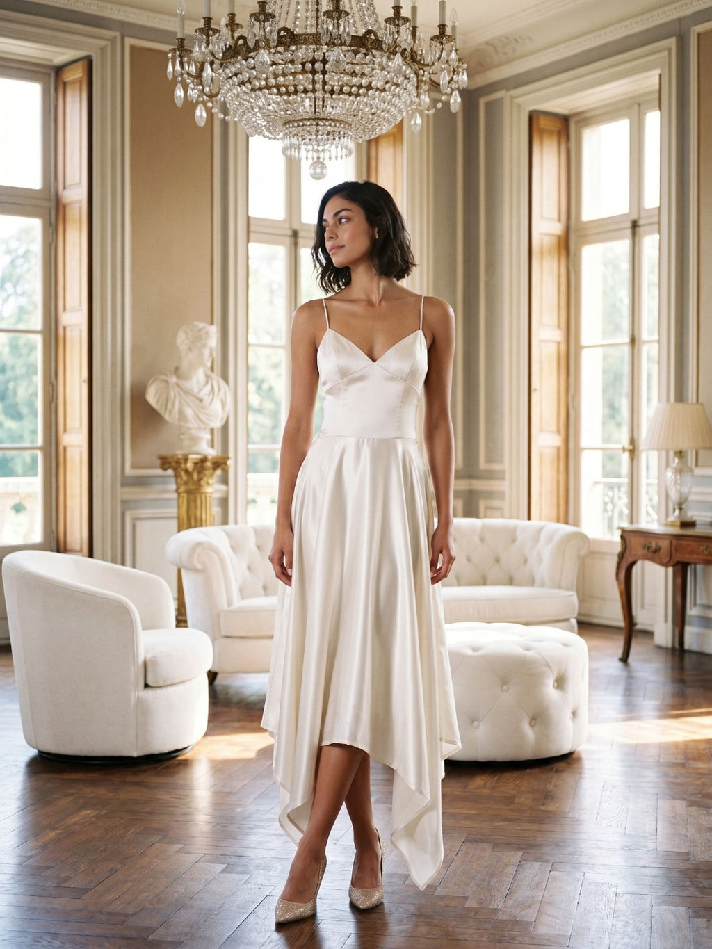 Ivory Satin A-Line V-Neck Side Zip Asymmetrical Dress - Curvevia