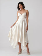 Ivory Satin A-Line V-Neck Side Zip Asymmetrical Dress - Curvevia