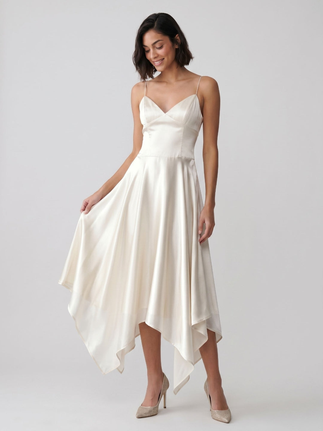 Ivory Satin A-Line V-Neck Side Zip Asymmetrical Dress - Curvevia