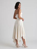 Ivory Satin A-Line V-Neck Side Zip Asymmetrical Dress - Curvevia