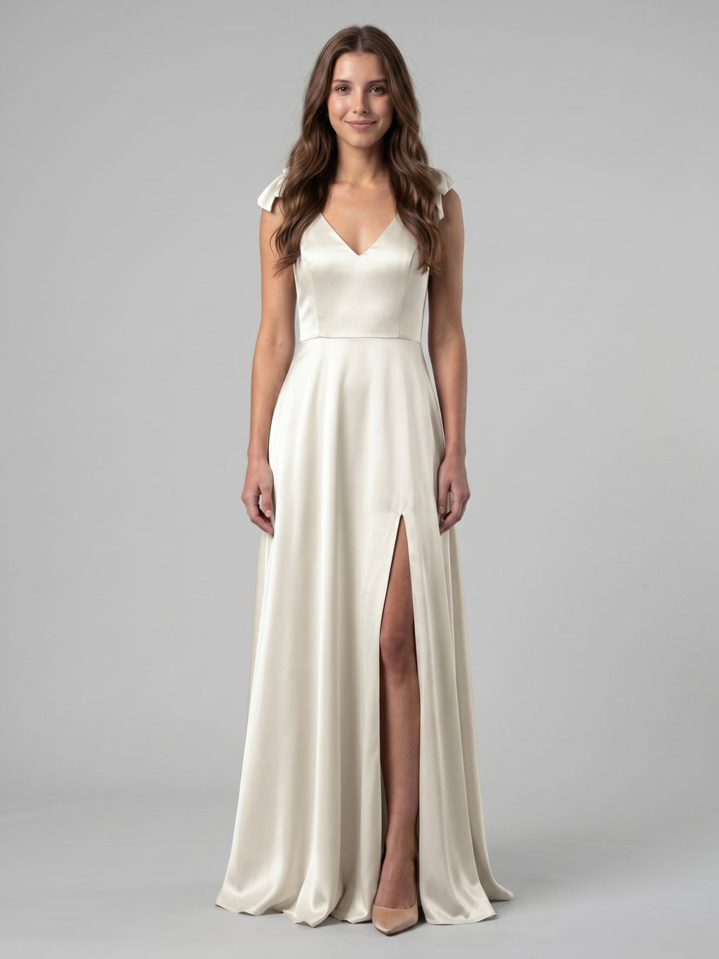 Ivory Satin A-Line V-Neck V-Back Floor-Length Bridesmaid Dress - Curvevia
