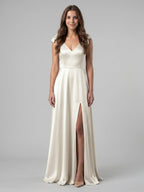 Ivory Satin A-Line V-Neck V-Back Floor-Length Bridesmaid Dress - Curvevia