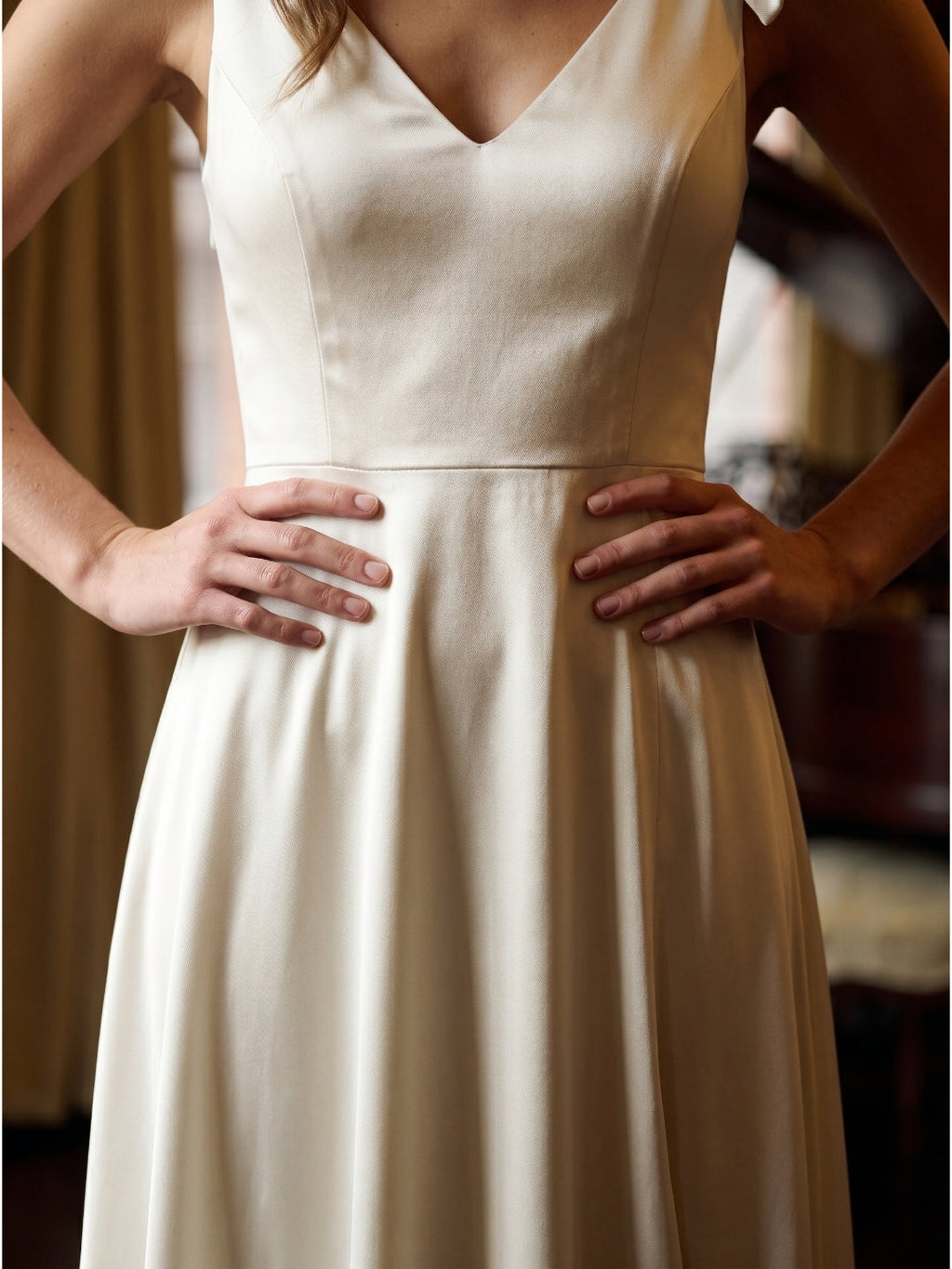 Ivory Satin A-Line V-Neck V-Back Floor-Length Bridesmaid Dress - Curvevia