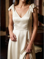 Ivory Satin A-Line V-Neck V-Back Floor-Length Bridesmaid Dress - Curvevia