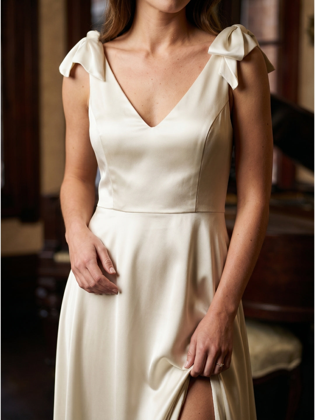 Ivory Satin A-Line V-Neck V-Back Floor-Length Bridesmaid Dress - Curvevia