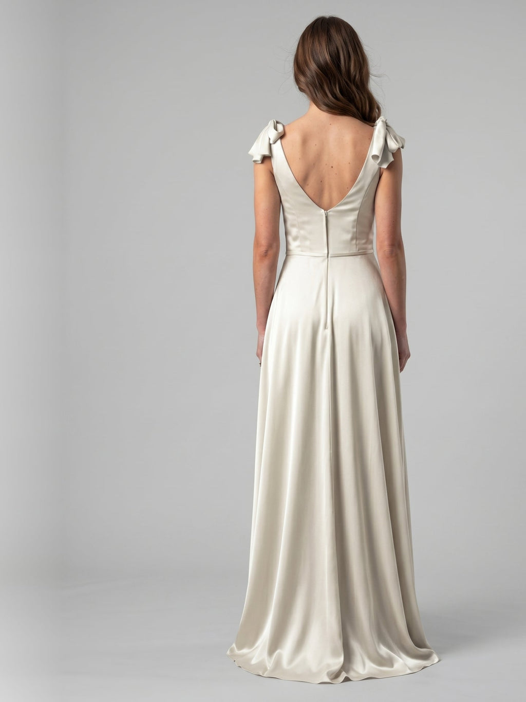 Ivory Satin A-Line V-Neck V-Back Floor-Length Bridesmaid Dress - Curvevia