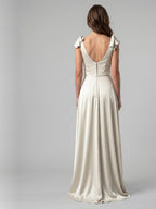 Ivory Satin A-Line V-Neck V-Back Floor-Length Bridesmaid Dress - Curvevia